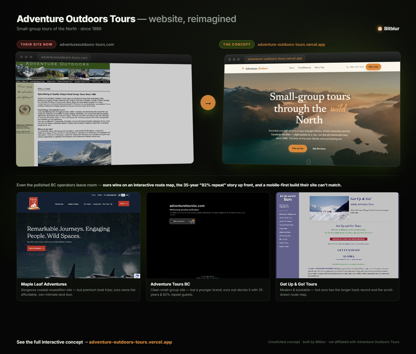 Adventure Outdoors Tours — current site vs. the redesign, compared to competitors