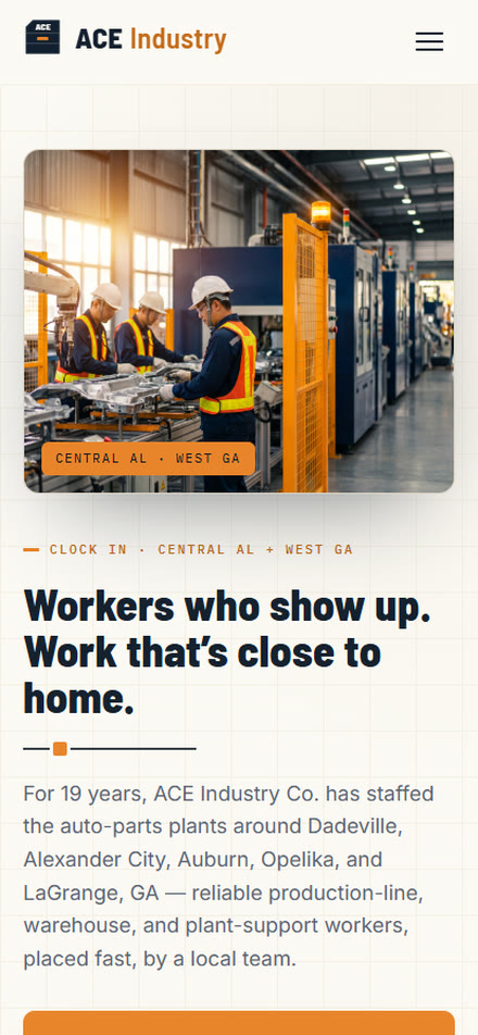 Ace Industry Co — concept homepage on mobile