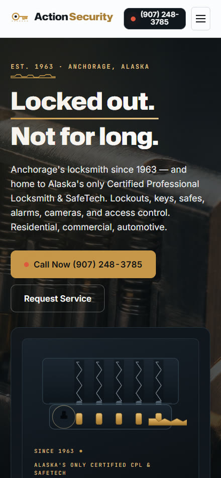 Action Security — concept homepage on mobile