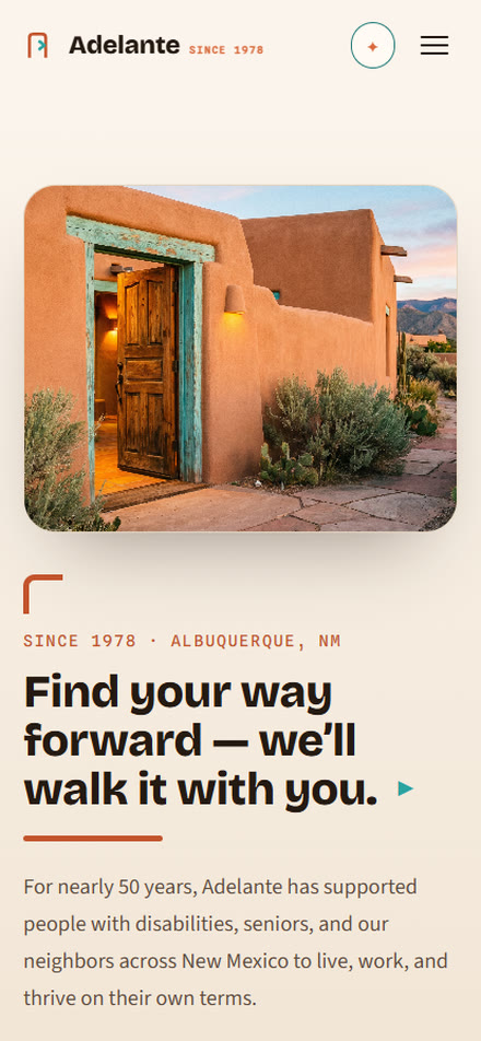 Adelante Development Center — concept homepage on mobile