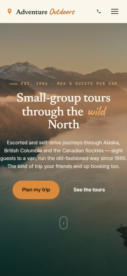 Adventure Outdoors Tours — concept homepage on mobile
