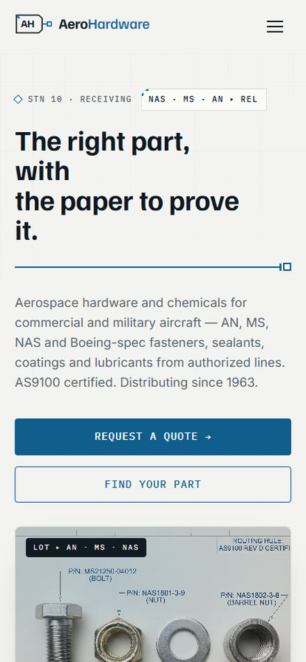 Aero Hardware & Parts — concept homepage on mobile
