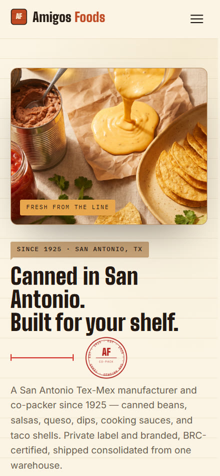 Amigos Foods — concept homepage on mobile