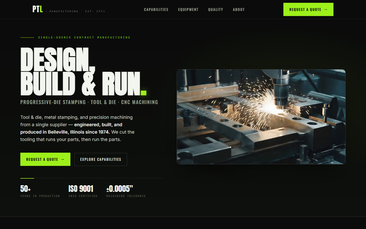 PTL Manufacturing — concept homepage on desktop