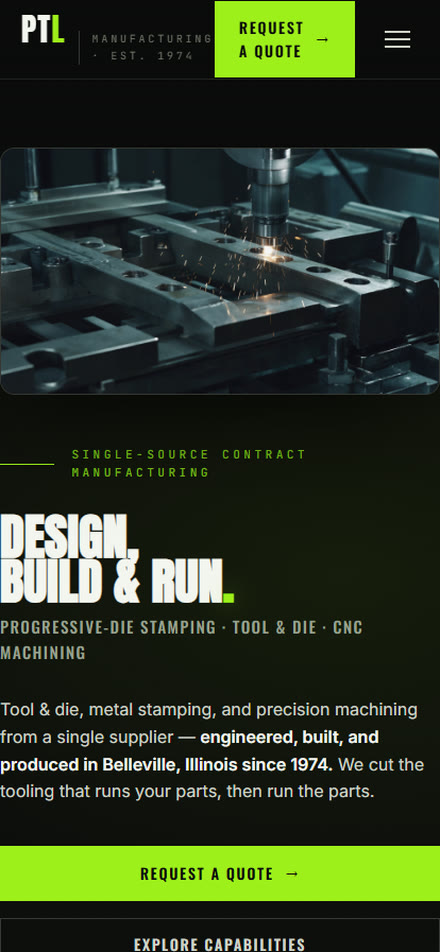 PTL Manufacturing — concept homepage on mobile
