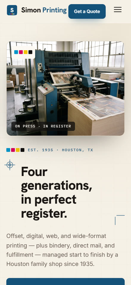 Simon Printing Company — concept homepage on mobile