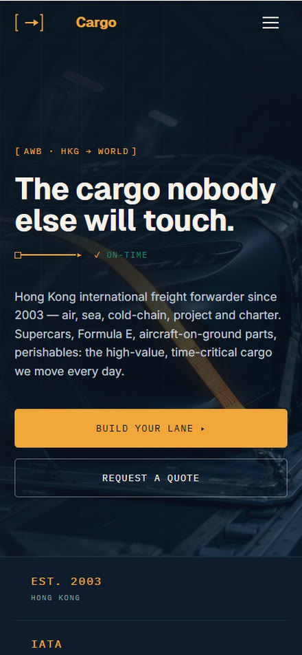 Sun Cargo International — concept homepage on mobile