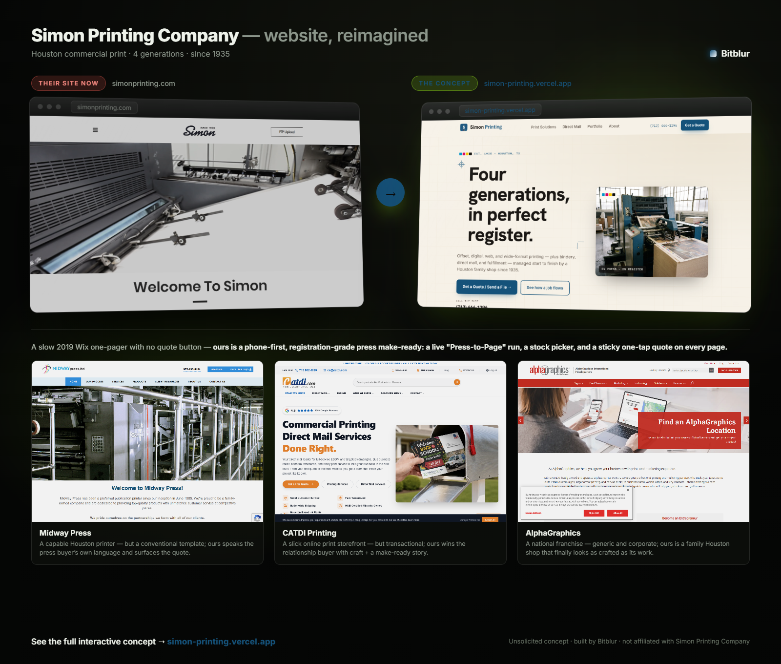 Simon Printing Company — current site vs. the redesign, compared to competitors